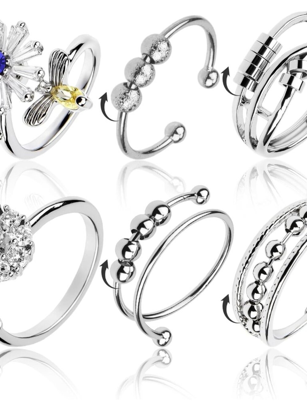 Fidget Rings with Beads, Anti Anxiety Rings for Women, Open Adjustable Fidget Sp